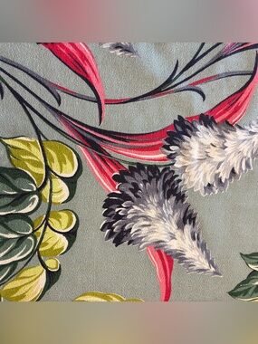 Vtg 1940s Tropical Floral Barkcloth Fabric Panel - MCM Chartreuse & Red FAT YARD